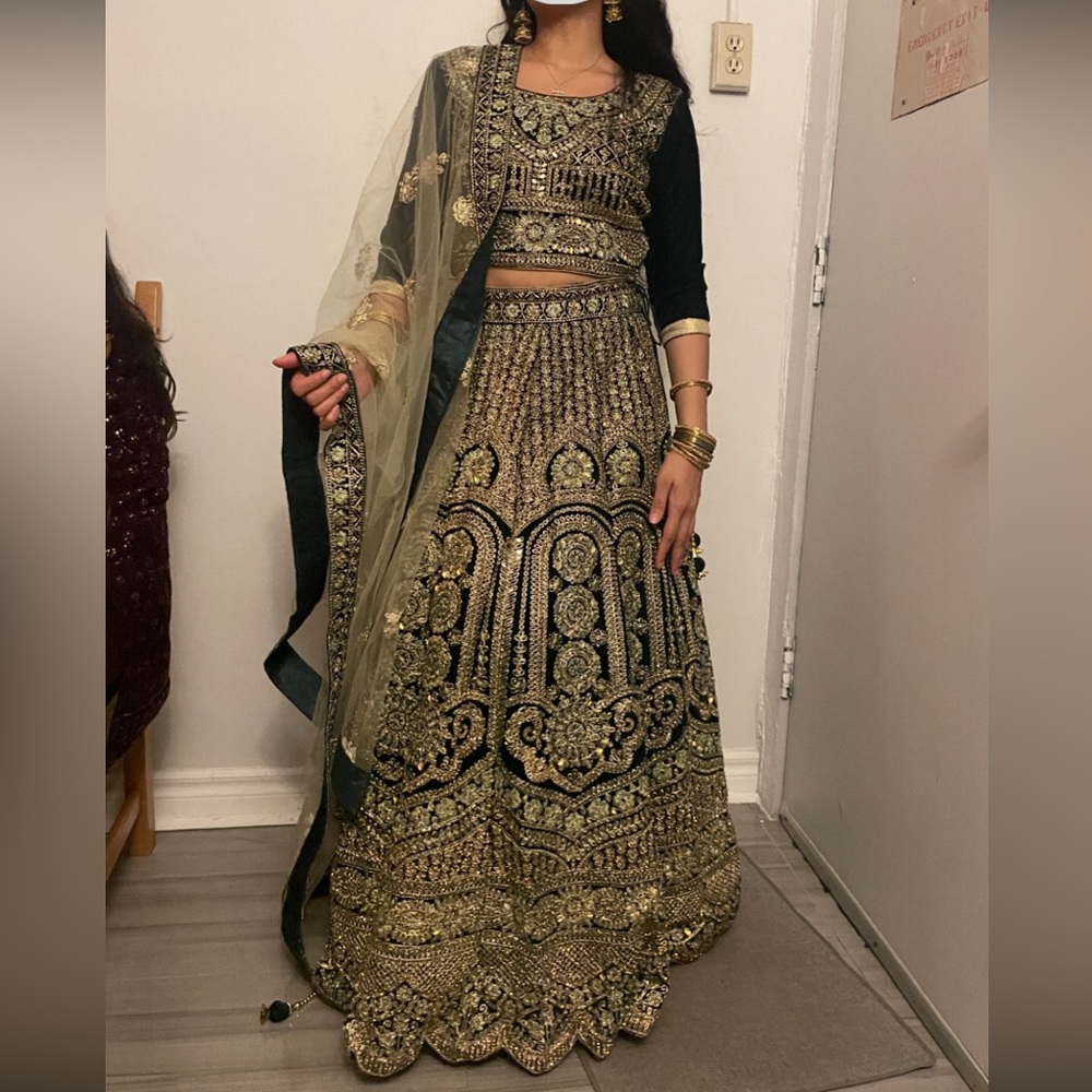 Elegant Green Velvet and Gold Embroidered Lehenga